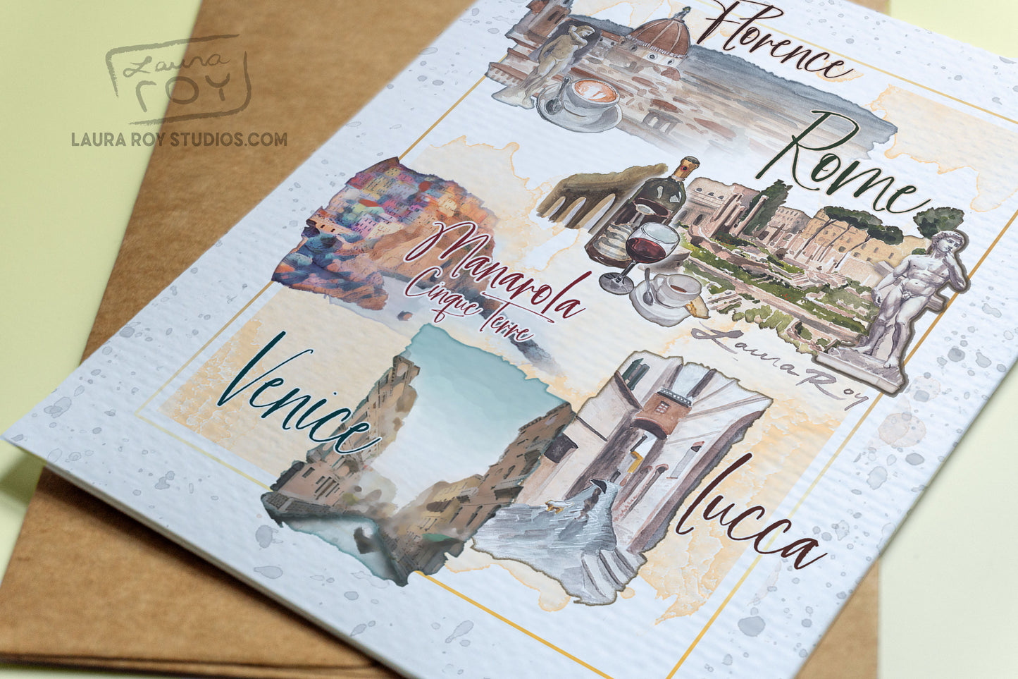Personalized Italy Travel Card - Watercolor Florence, Rome, Venice, Cinque Terre, Lucca for Weddings, Honeymoons & Trips (Single or Set)