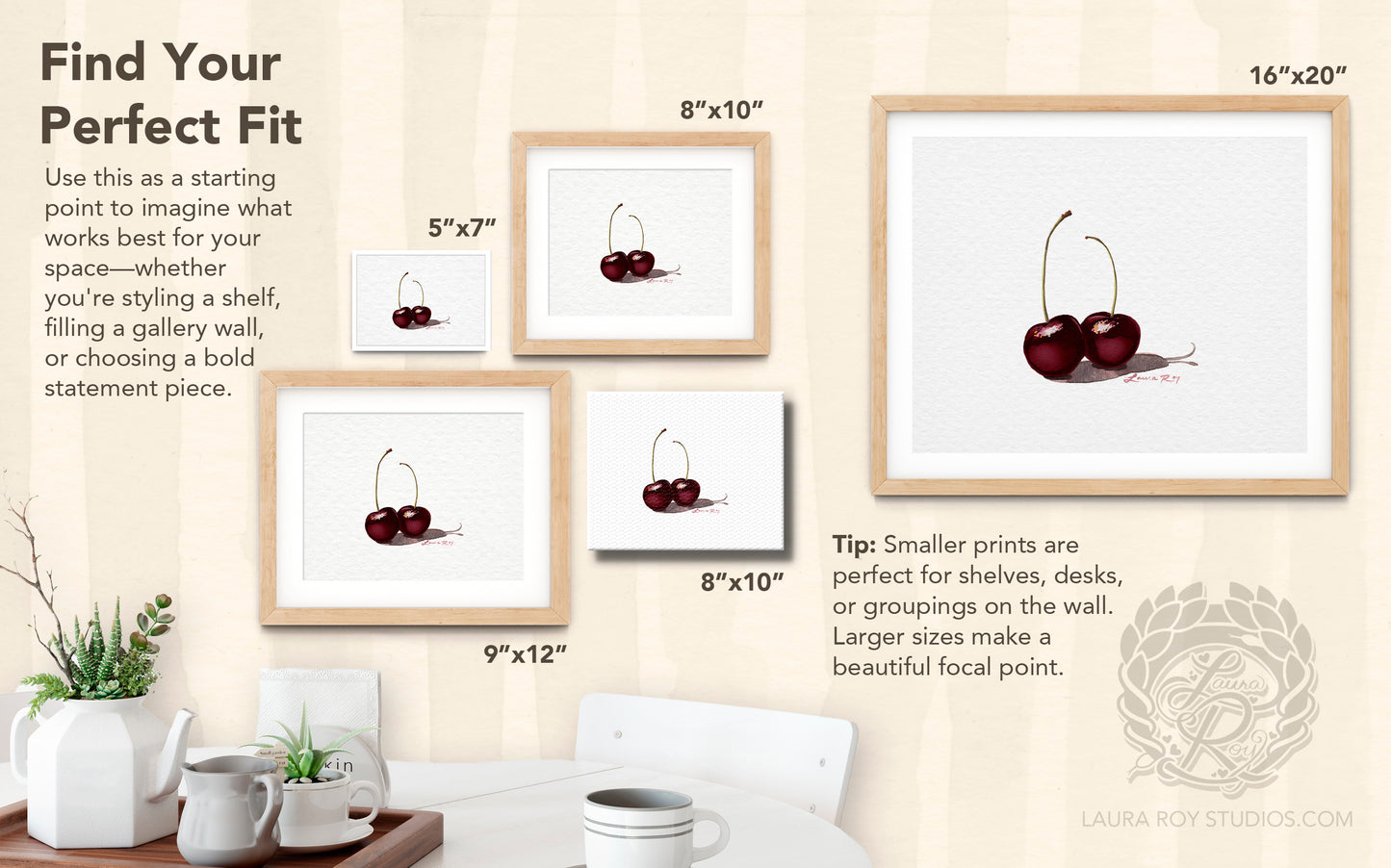 Black Cherries Watercolor Art Print – Romantic Fruit Pairing, Fine Art Kitchen Decor, Foodie Gift