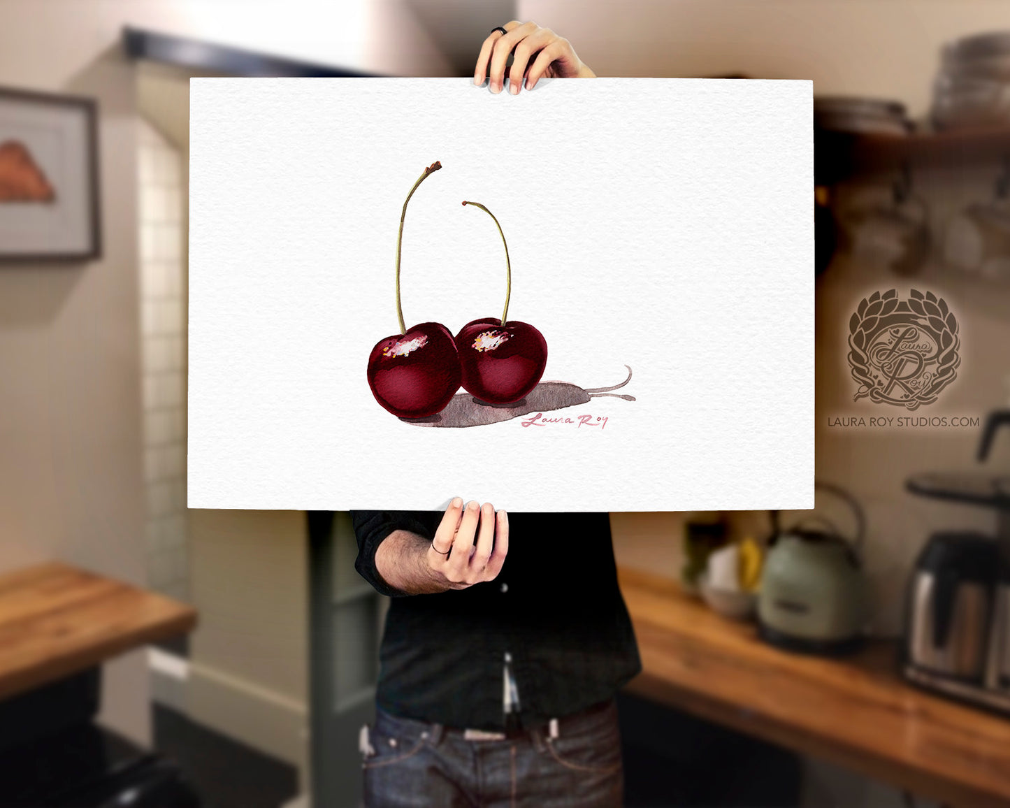Black Cherries Watercolor Art Print – Romantic Fruit Pairing, Fine Art Kitchen Decor, Foodie Gift