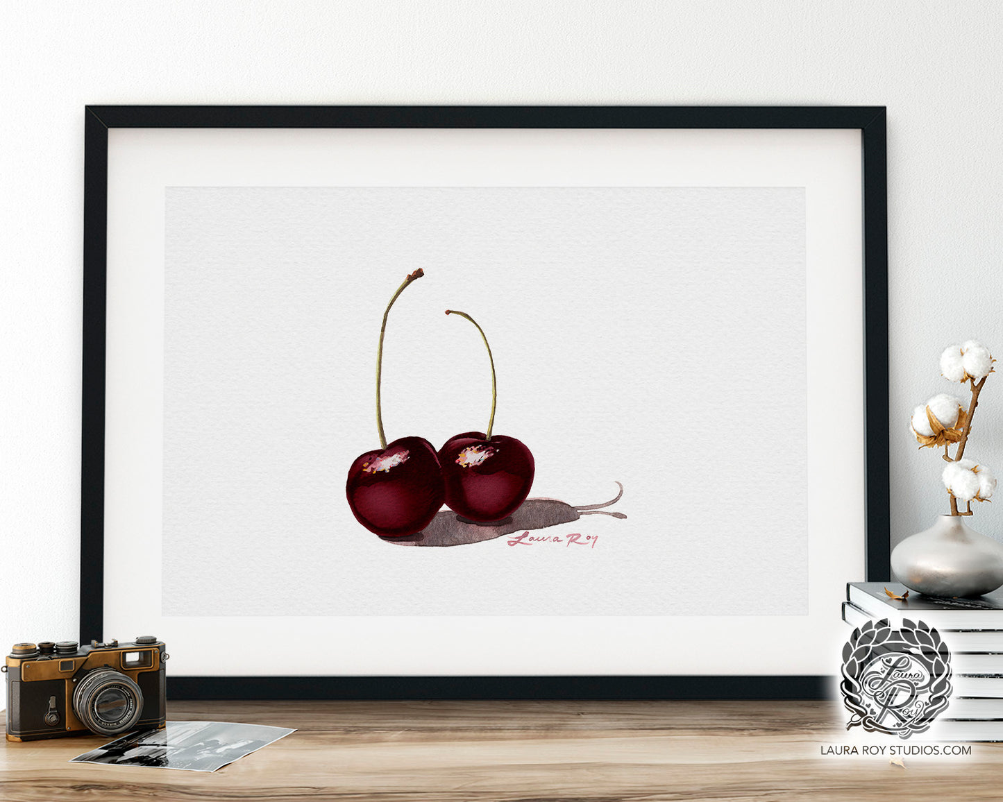 Black Cherries Watercolor Art Print – Romantic Fruit Pairing, Fine Art Kitchen Decor, Foodie Gift