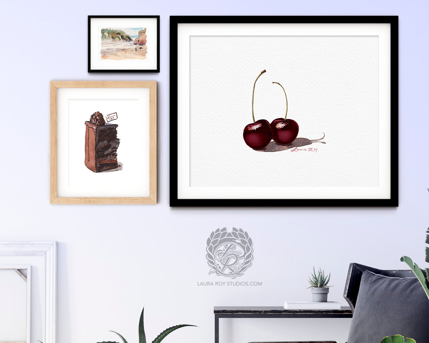 Black Cherries Watercolor Art Print – Romantic Fruit Pairing, Fine Art Kitchen Decor, Foodie Gift