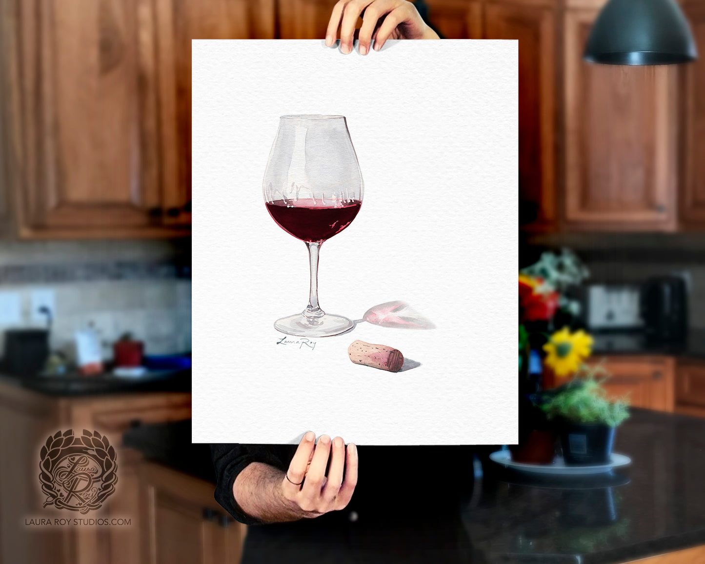 Red Wine Watercolor Art Print – Glass of Pinot Noir with Cork, Elegant Kitchen or Bar