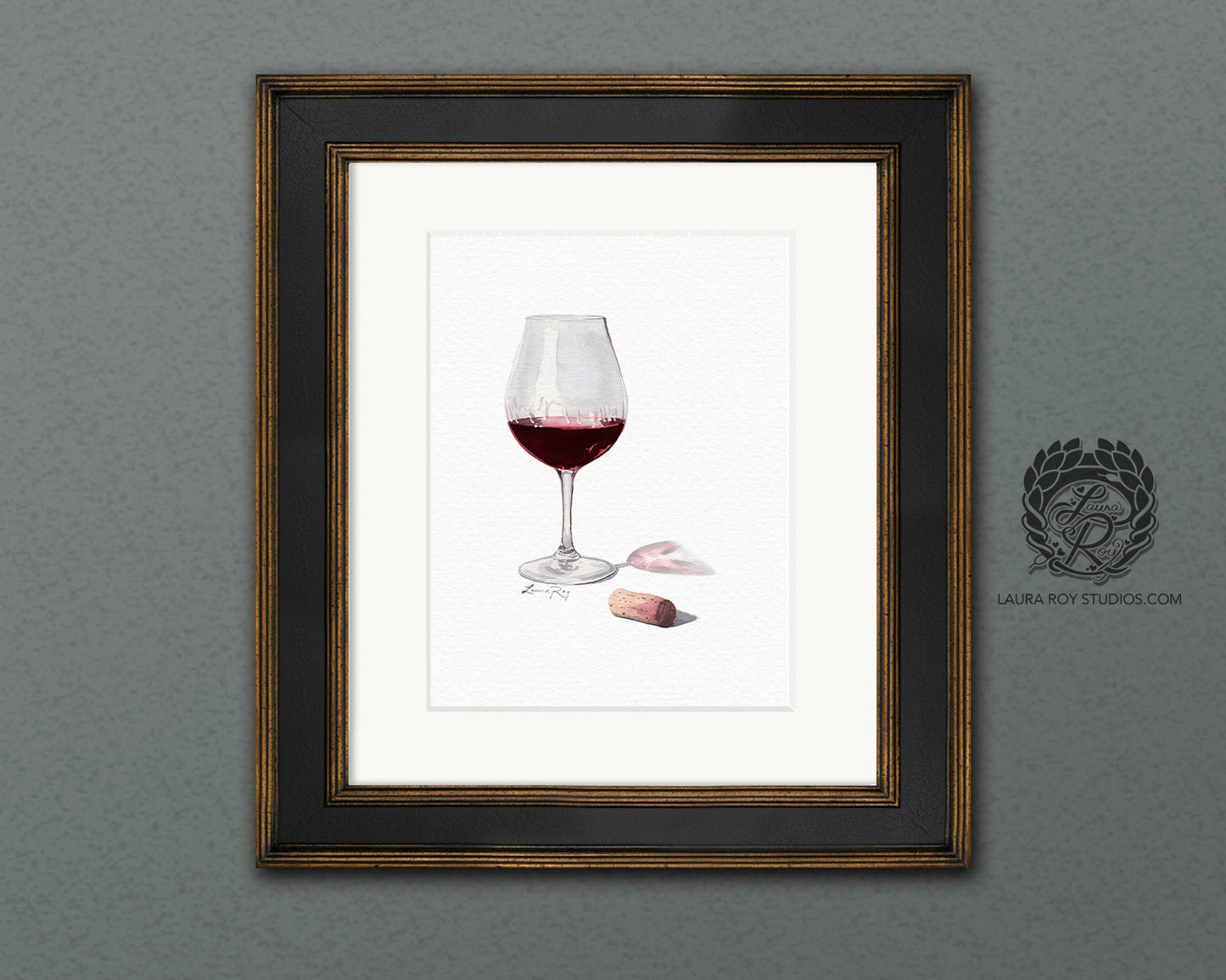 Red Wine Watercolor Art Print – Glass of Pinot Noir with Cork, Elegant Kitchen or Bar
