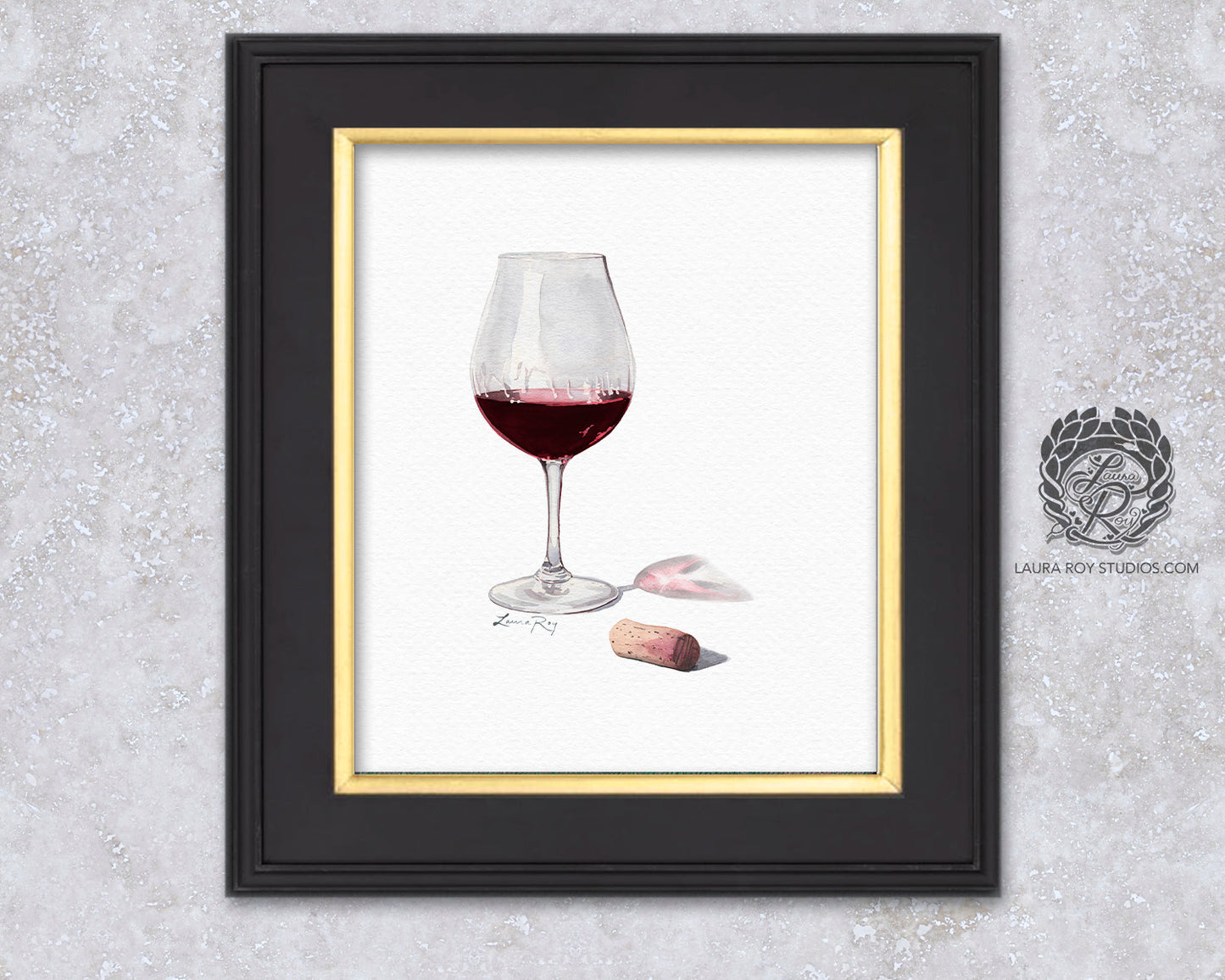 Red Wine Watercolor Art Print – Glass of Pinot Noir with Cork, Elegant Kitchen or Bar