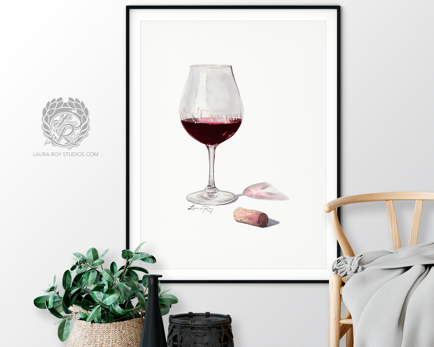 Red Wine Watercolor Art Print – Glass of Pinot Noir with Cork, Elegant Kitchen or Bar