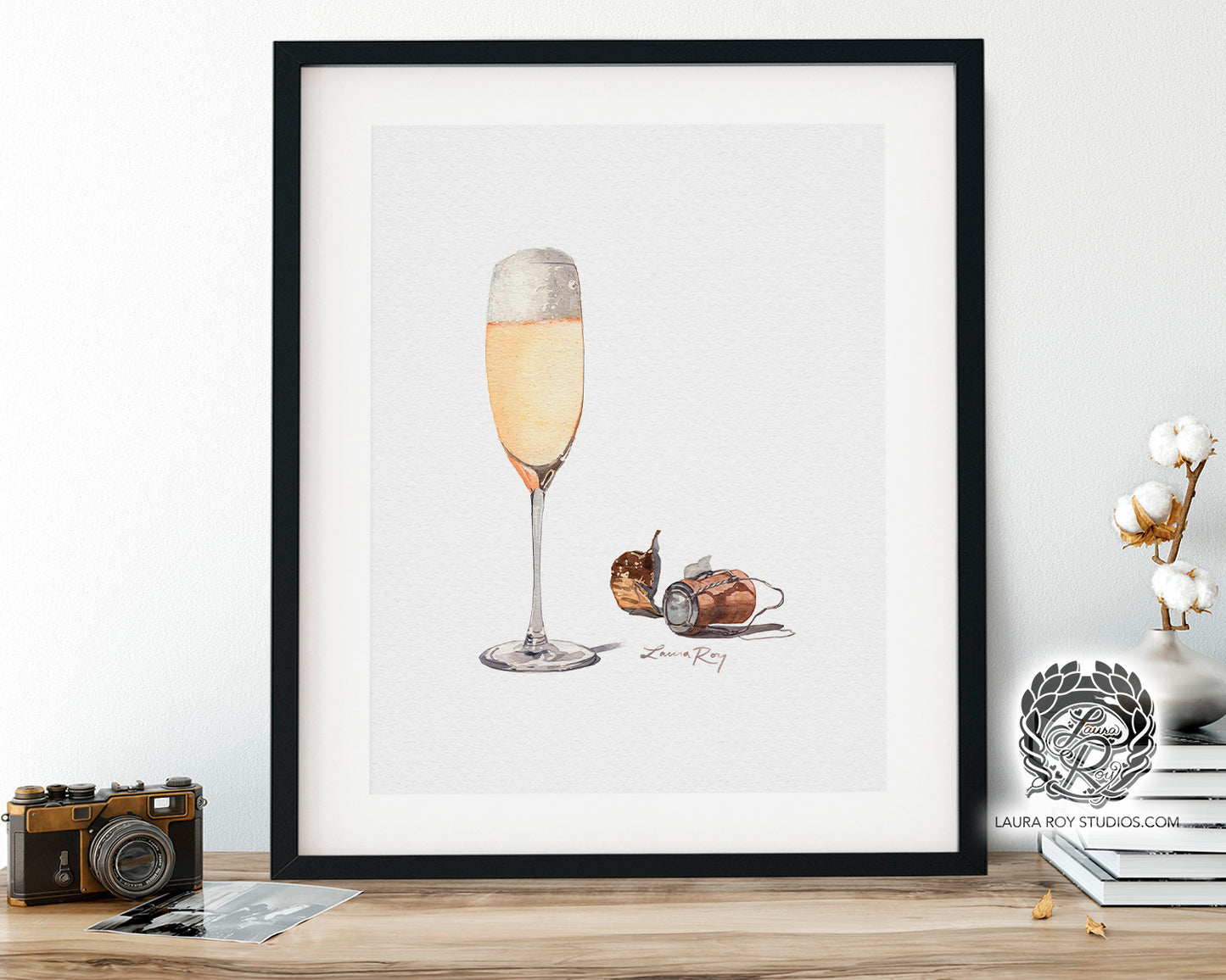 Champagne Watercolor Art Print – Glass of Bubbly with Cork and Foil, Celebration Wall Decor