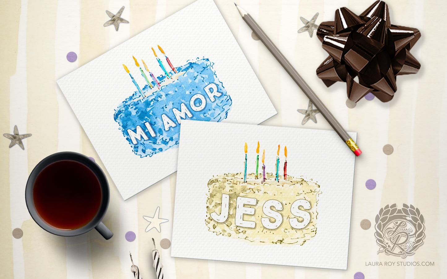 Personalized Birthday Cake with Name Card - Watercolor Cake with Candles, Customizable Number (Single or Set)