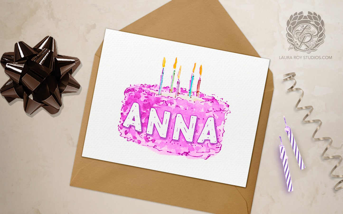 Personalized Birthday Cake with Name Card - Watercolor Cake with Candles, Customizable Number (Single or Set)