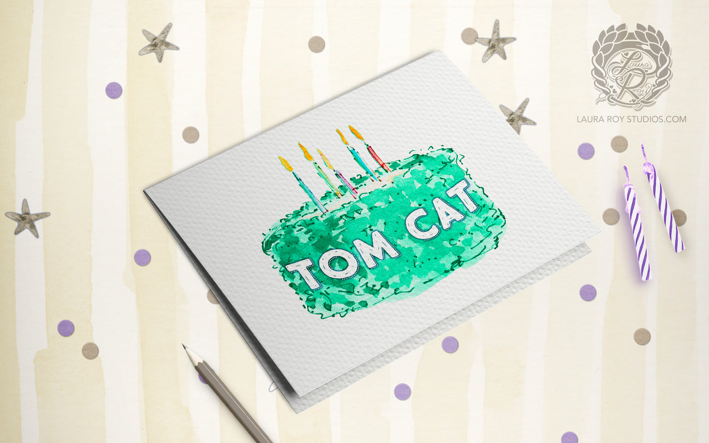 Personalized Birthday Cake with Name Card - Watercolor Cake with Candles, Customizable Number (Single or Set)