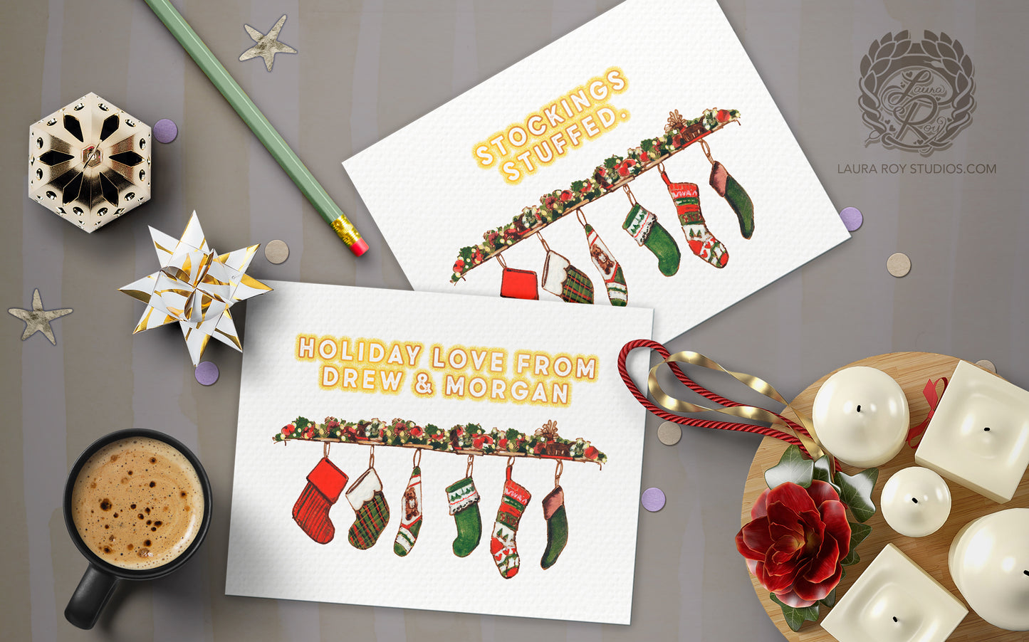 Personalized Stockings Holiday Card: Fireplace Mantel Christmas Card