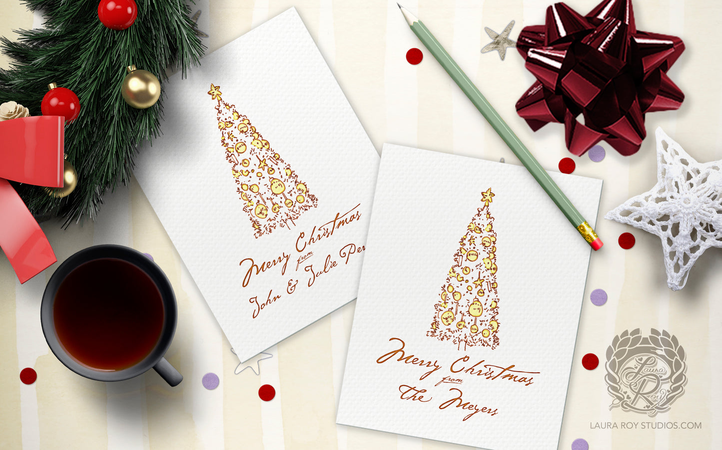 Personalized Elegant Christmas Tree Card - Watercolor & Ink Tree, Customizable Holiday Greeting (Single or Set)