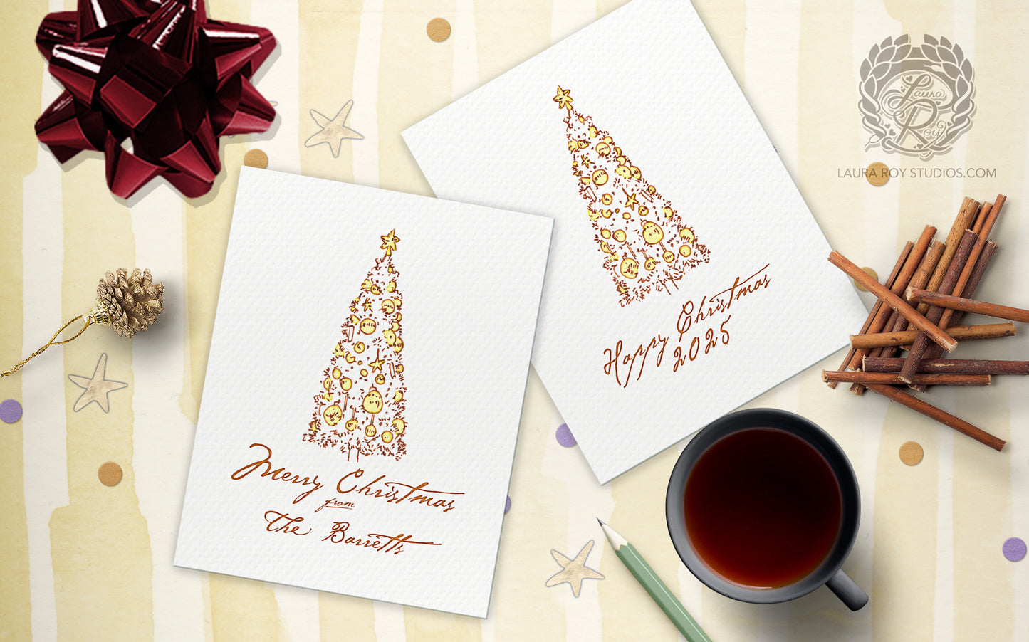 Personalized Elegant Christmas Tree Card - Watercolor & Ink Tree, Customizable Holiday Greeting (Single or Set)