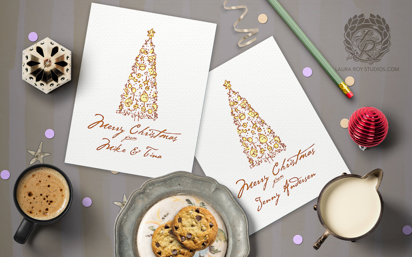 Personalized Elegant Christmas Tree Card - Watercolor & Ink Tree, Customizable Holiday Greeting (Single or Set)