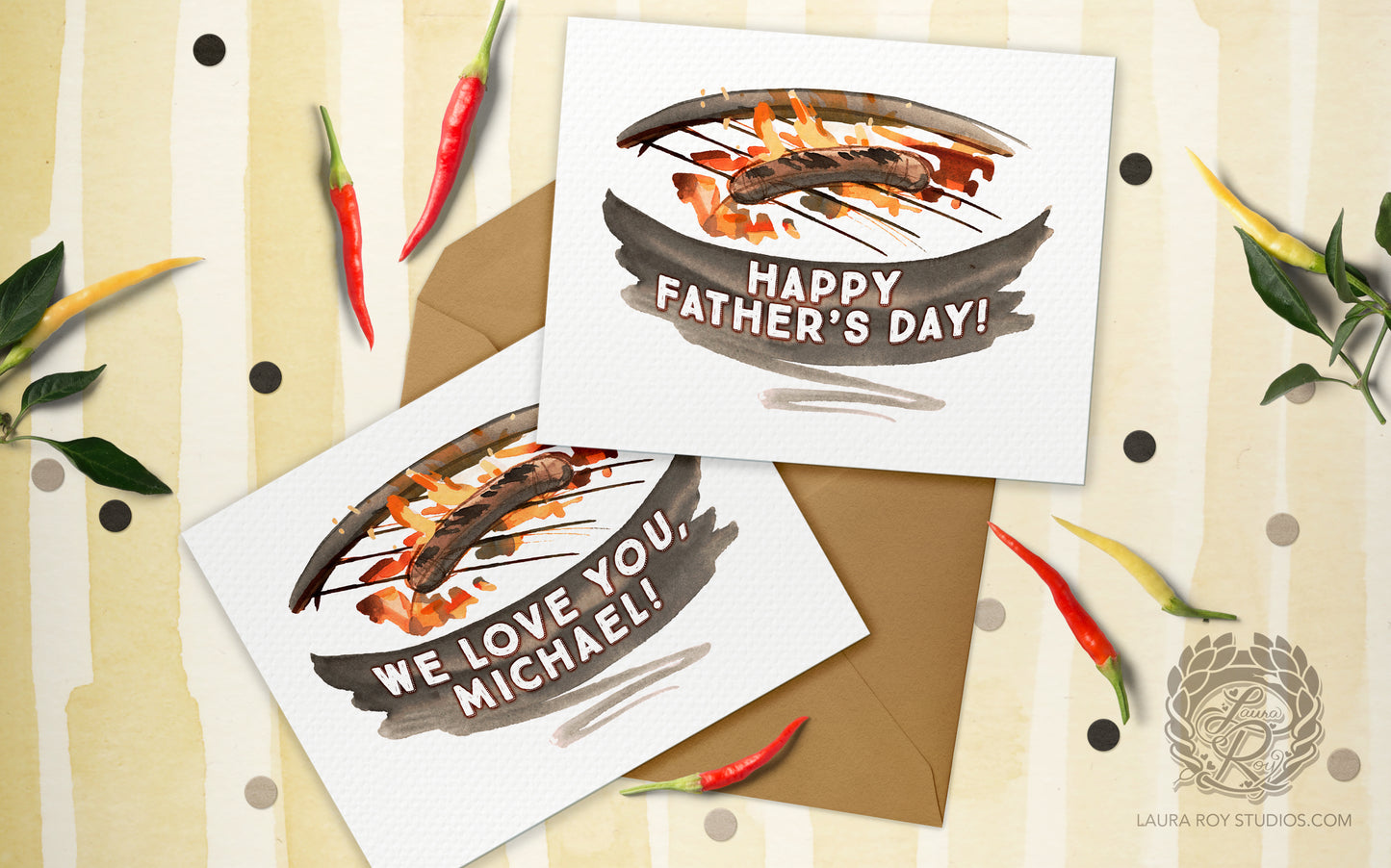 Personalized Father’s Day Grill Card, Custom Dad Name Watercolor BBQ Gift, Sizzling Sausage Art (Single or Set)