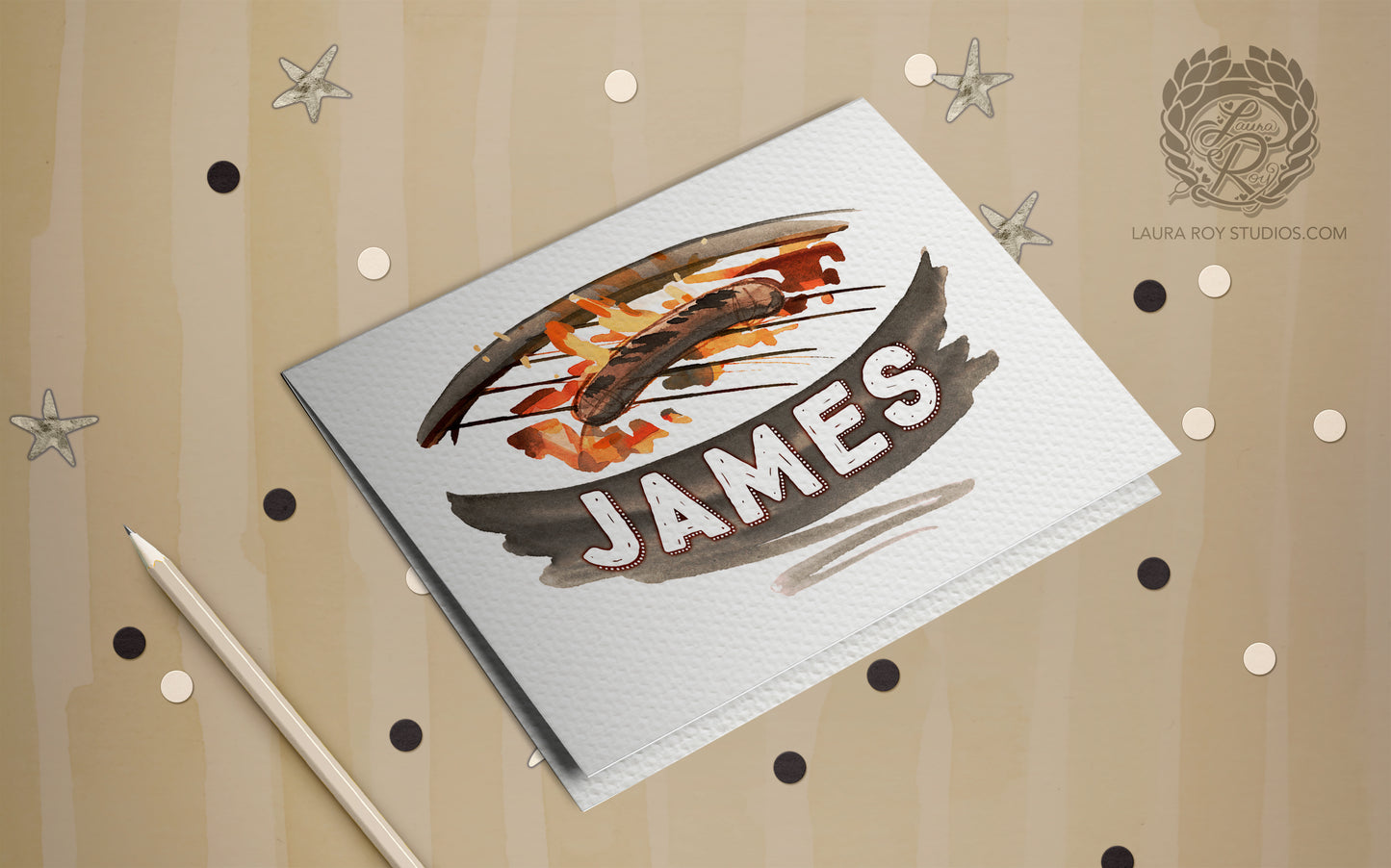 Personalized Father’s Day Grill Card, Custom Dad Name Watercolor BBQ Gift, Sizzling Sausage Art (Single or Set)