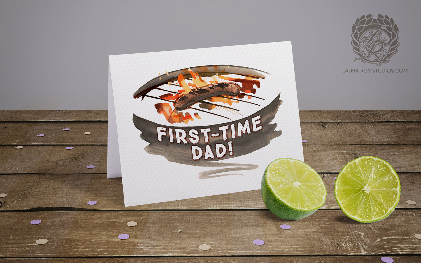 Personalized Father’s Day Grill Card, Custom Dad Name Watercolor BBQ Gift, Sizzling Sausage Art (Single or Set)