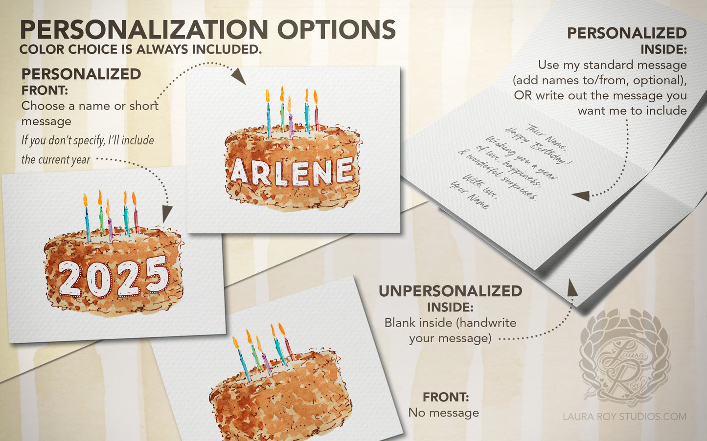 Personalized Birthday Cake with Name Card - Watercolor Cake with Candles, Customizable Number (Single or Set)