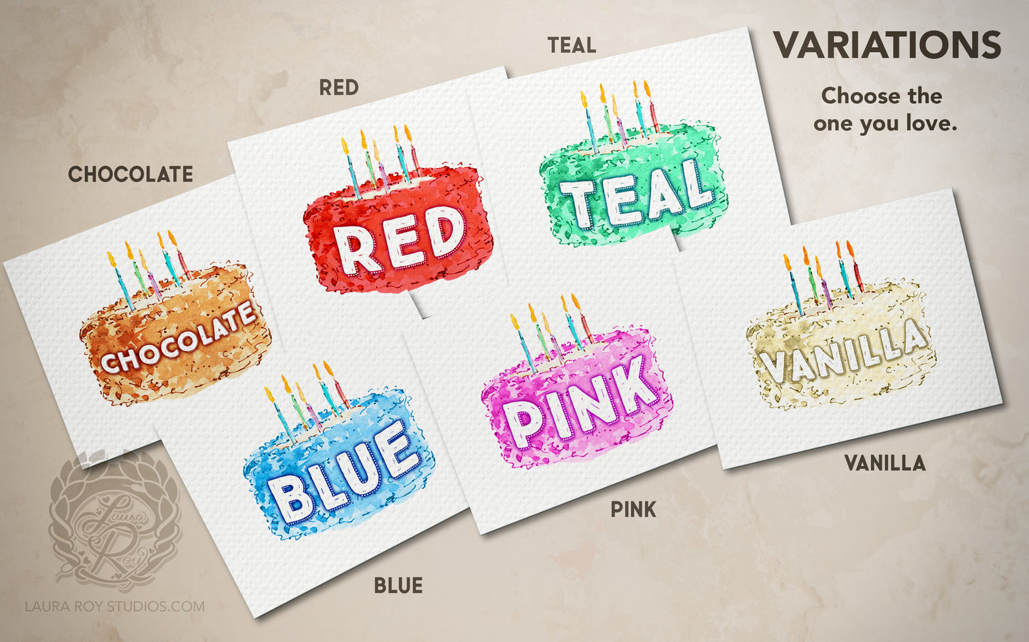 Personalized Birthday Cake with Name Card - Watercolor Cake with Candles, Customizable Number (Single or Set)