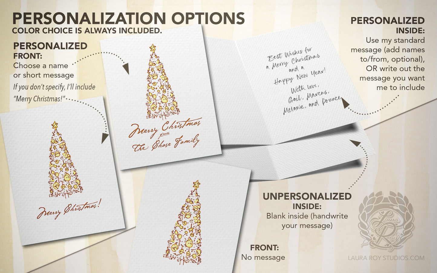 Personalized Elegant Christmas Tree Card - Watercolor & Ink Tree, Customizable Holiday Greeting (Single or Set)