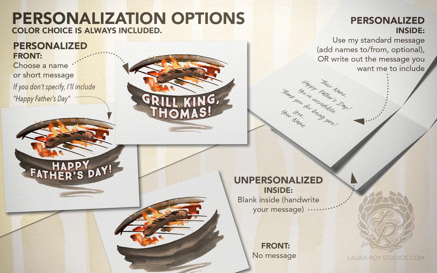 Personalized Father’s Day Grill Card, Custom Dad Name Watercolor BBQ Gift, Sizzling Sausage Art (Single or Set)