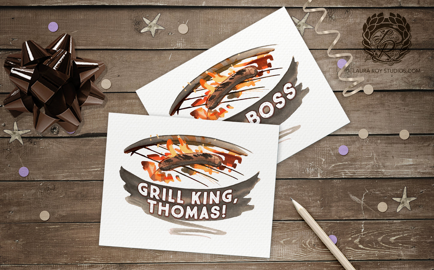 Personalized Father’s Day Grill Card, Custom Dad Name Watercolor BBQ Gift, Sizzling Sausage Art (Single or Set)
