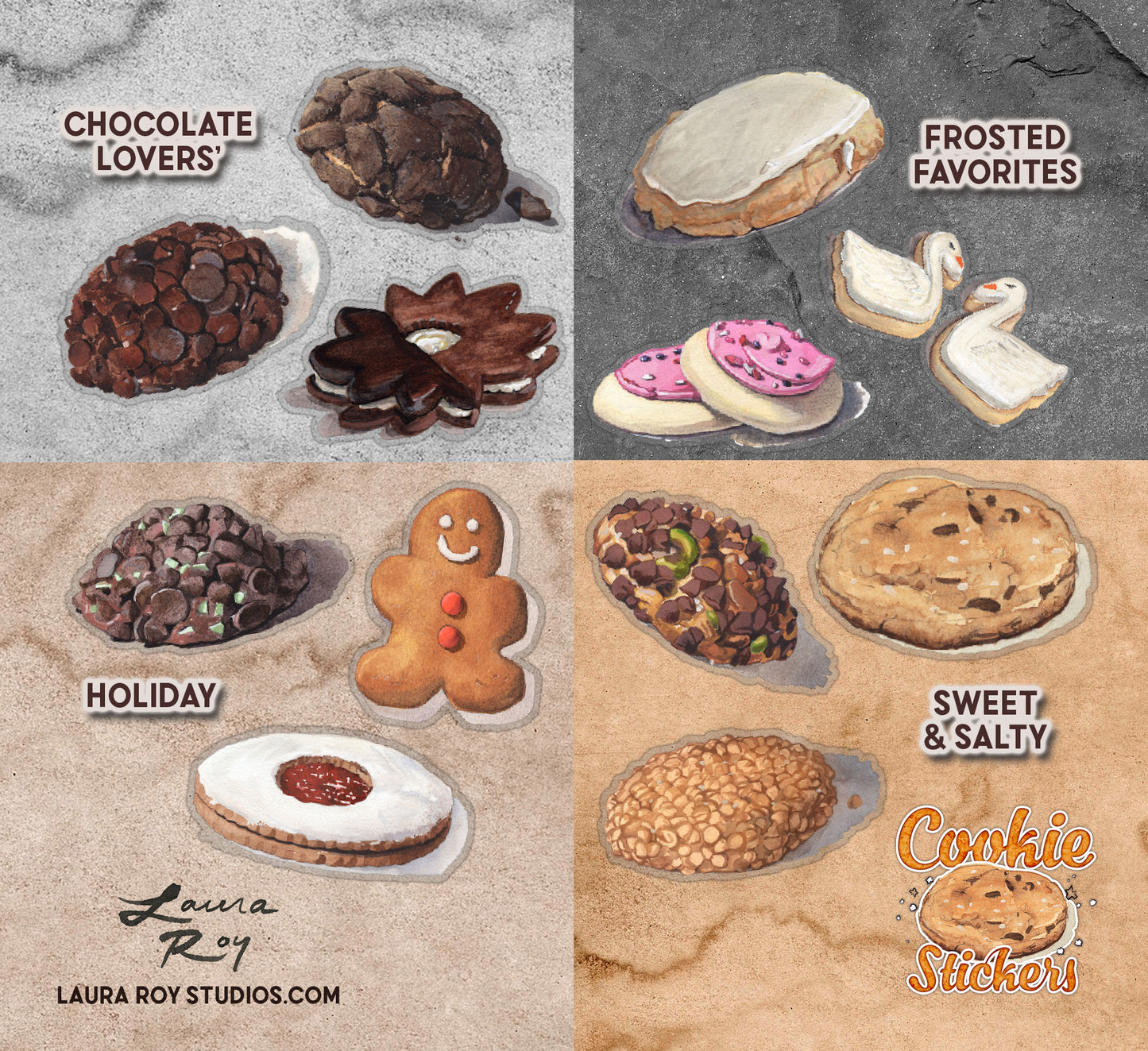Watercolor Sticker Set: Cookie Pack - Transparent Vinyl, Waterproof, 3-3.5 inch (Set of 3, 6, or 12)