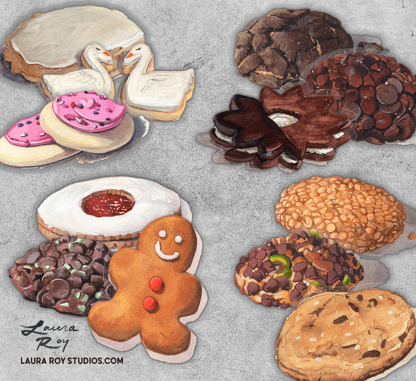 Watercolor Sticker Set: Cookie Pack - Transparent Vinyl, Waterproof, 3-3.5 inch (Set of 3, 6, or 12)