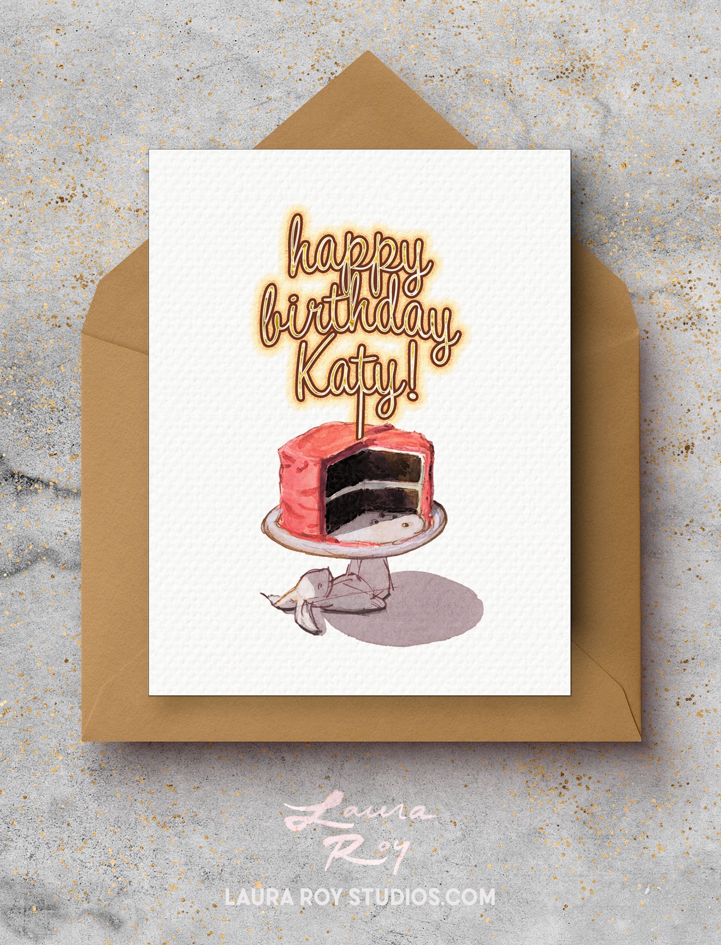 Personalized Birthday Card Perfect for Spring or Easter - Watercolor Cake with Bunny, Customizable (Single or Set)