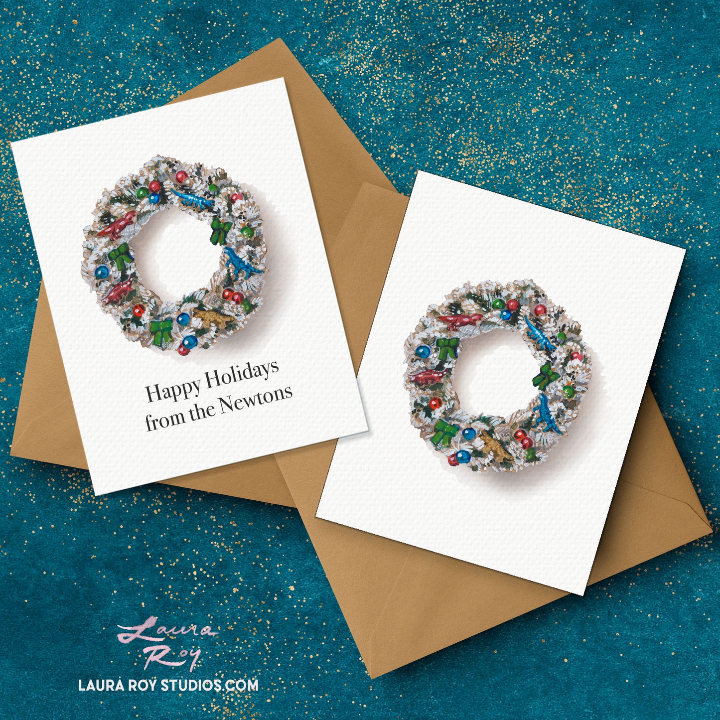 Personalized Quirky Flocked Wreath Card - Watercolor Wreath with Ornaments and Dinosaurs, Customizable Holiday Greeting (Single or Set)
