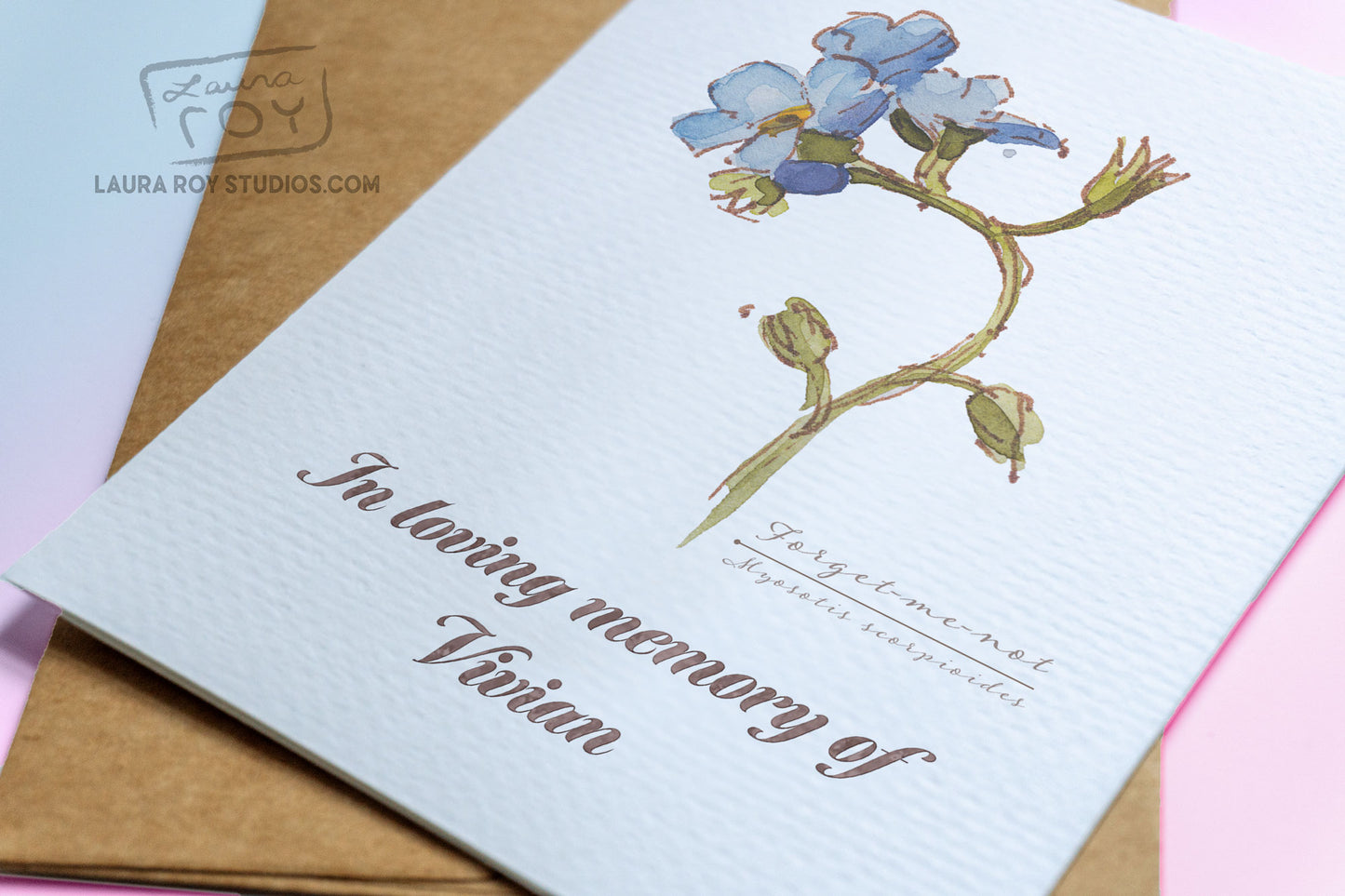 Personalized Forget-Me-Not Sympathy Card - Elegant Watercolor Art with Memorial Tribute (Single or Set)