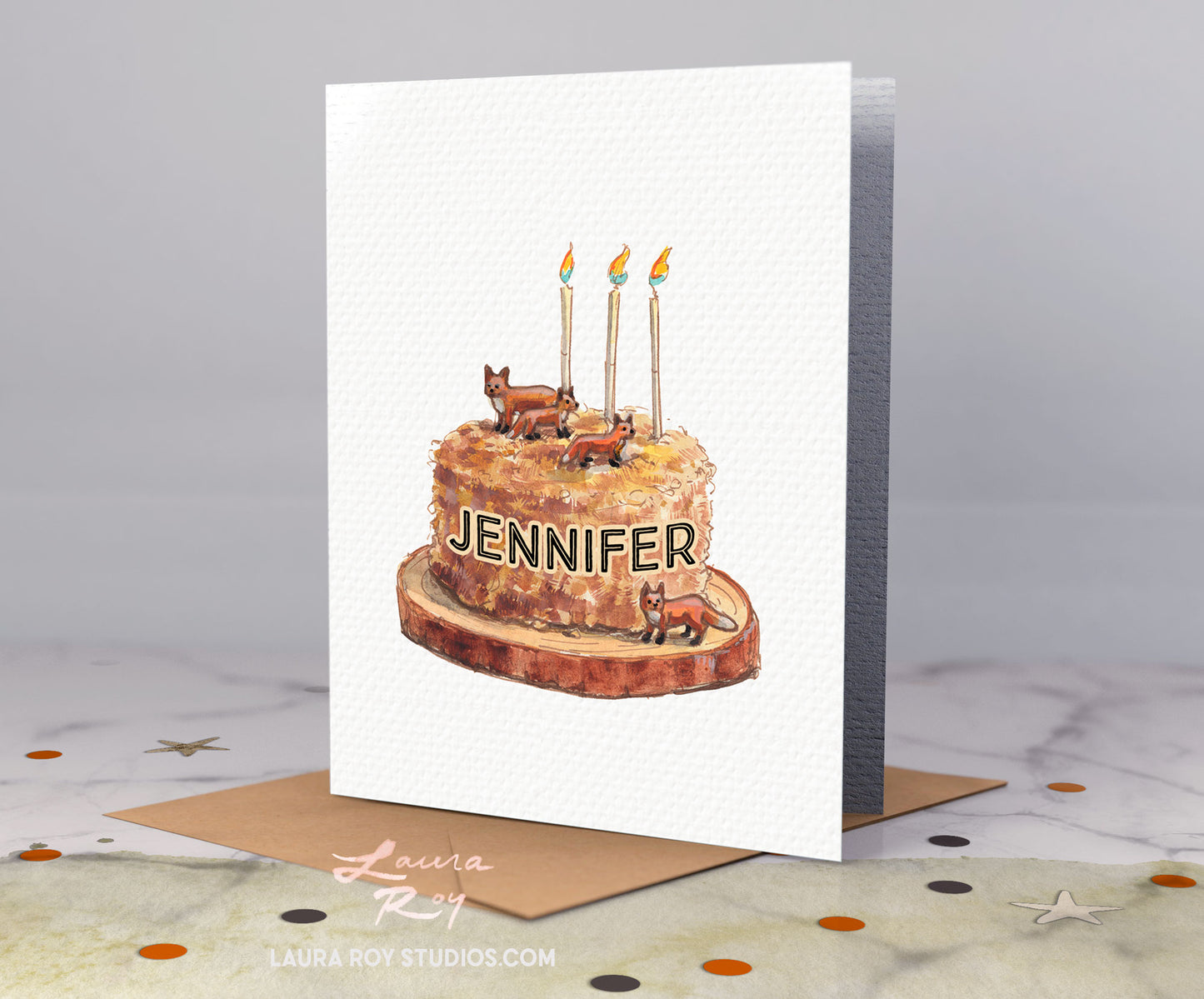 Personalized Fox Cake Birthday Card - Watercolor Painting of a Cake Surrounded by Foxes, Customizable Name Across the Cake (Single or Set)