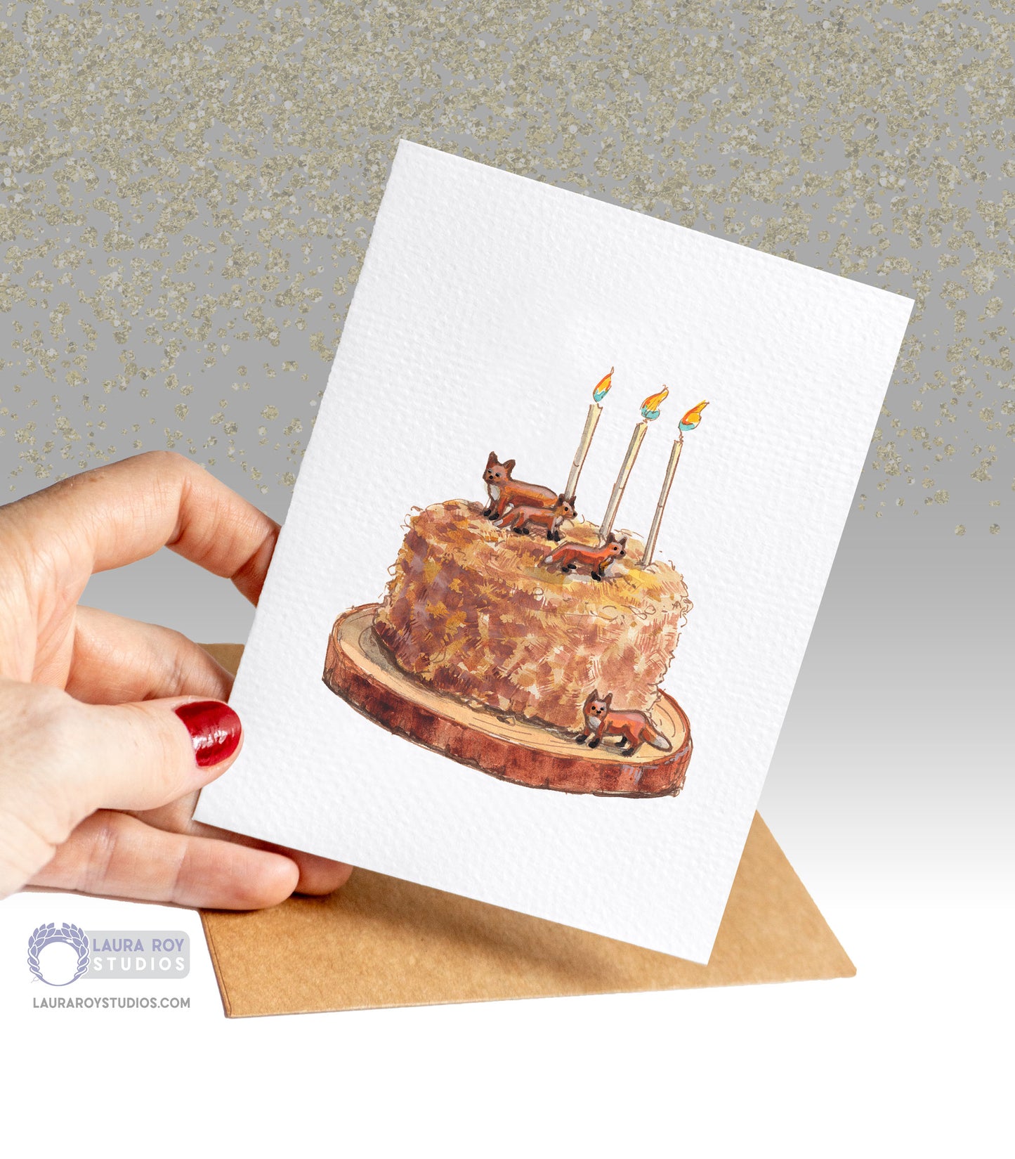 Personalized Fox Cake Birthday Card - Watercolor Painting of a Cake Surrounded by Foxes, Customizable Name Across the Cake (Single or Set)