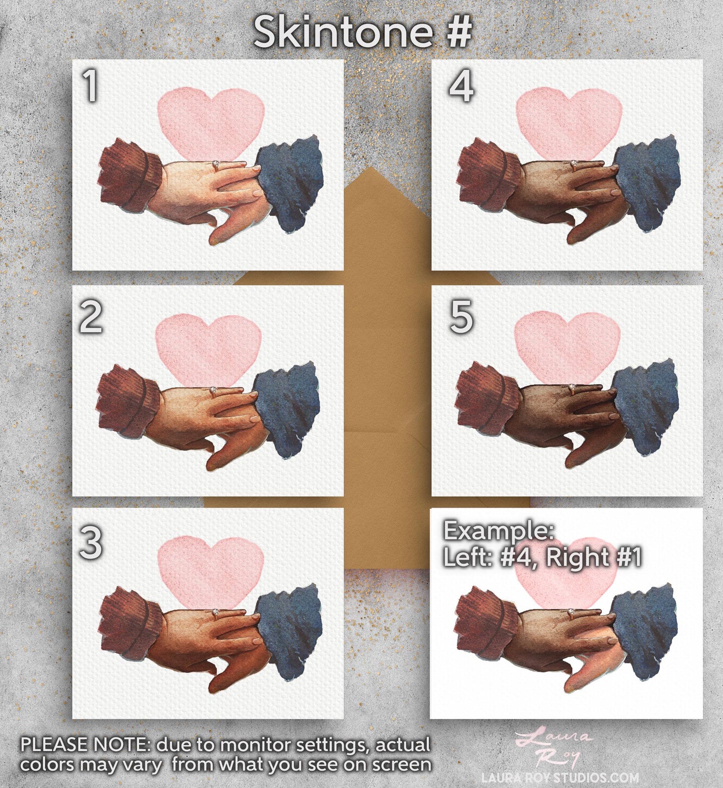 Personalized Hands/Skintones Love Card - Watercolor Hands with Heart Design, Customizable Skin Tones and Special Message (Single or Set)
