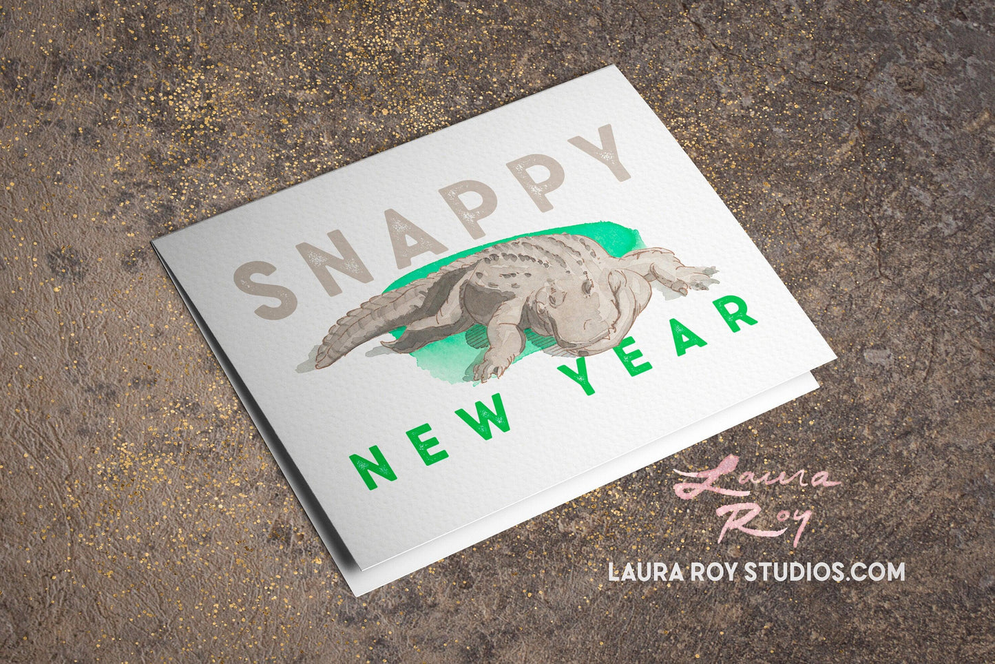 Personalized Snappy New Year Alligator Card Watercolor Painting of Chester the Alligator, Customizable New Year Greeting (Single or Set)