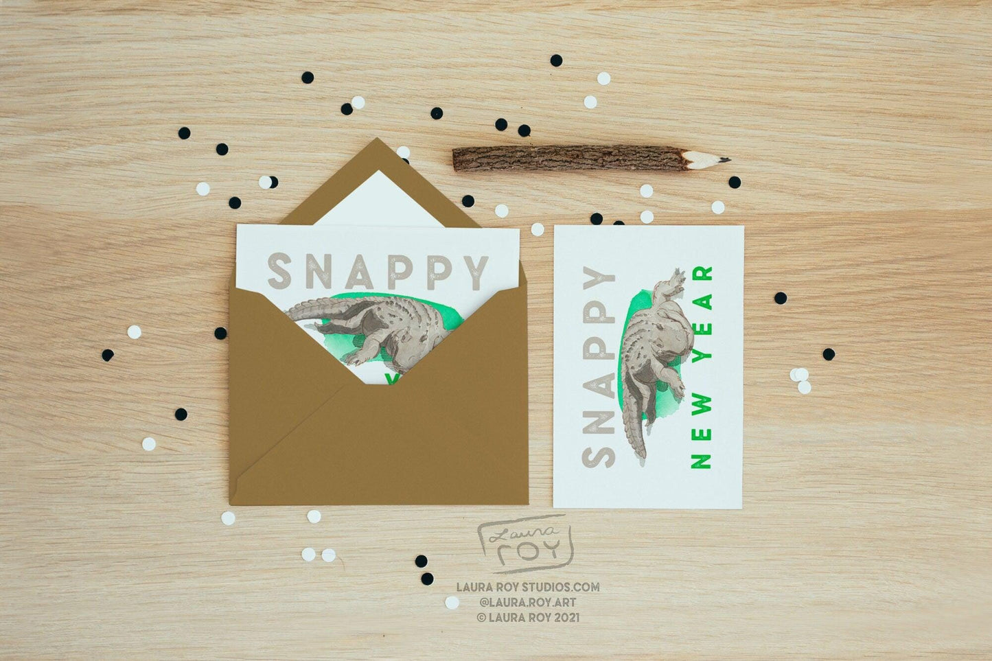 Personalized Snappy New Year Alligator Card Watercolor Painting of Chester the Alligator, Customizable New Year Greeting (Single or Set)