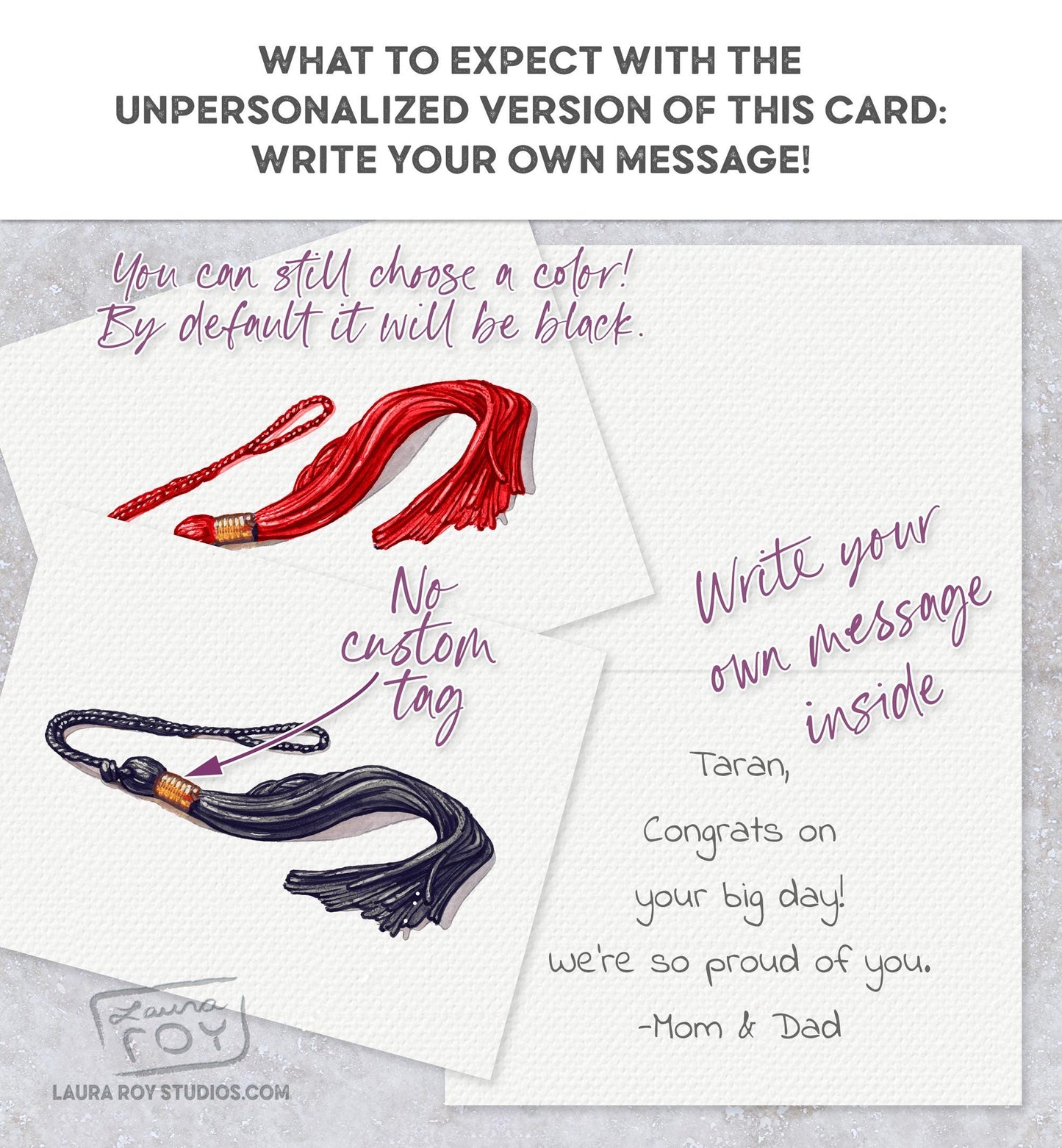 Personalized Watercolor Graduation Card - Watercolor Tassel with Custom Color, and Message (Single or Set)