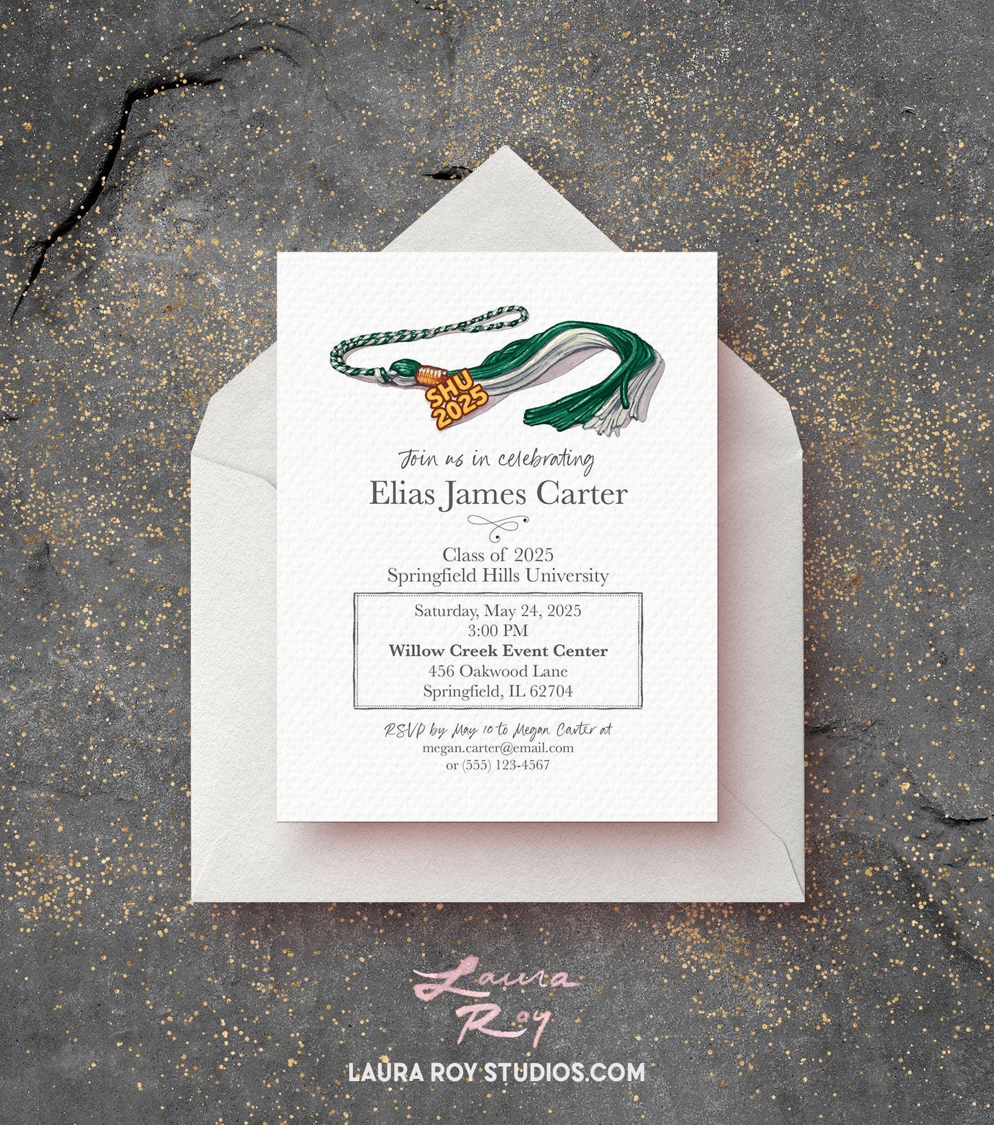 Personalized Watercolor Graduation Party Invitation - Custom Tassel, Text, and Envelope Options (Single or Set)