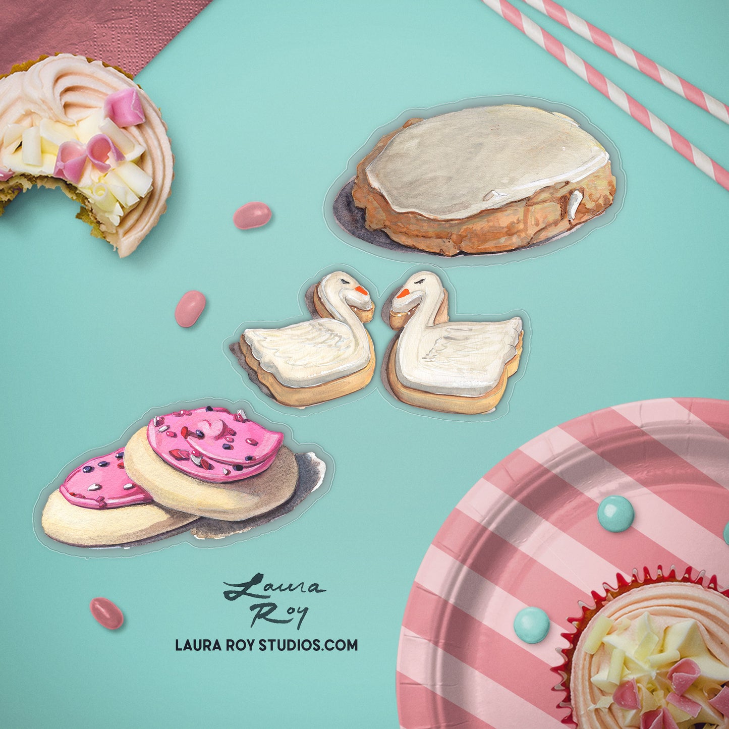 Watercolor Sticker: Pink Frosted Soft Sugar Cookies - Transparent Vinyl, Waterproof, 3.5 inch