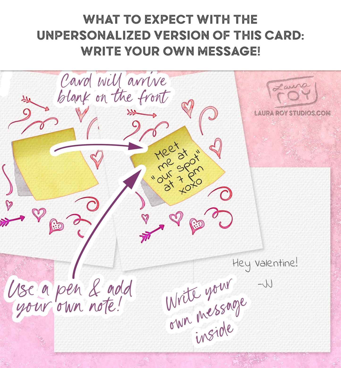 Personalized Sticky Note Watercolor with Hearts Card - Cute Sketches with Custom Messages for Valentine's Day (Single or Set)