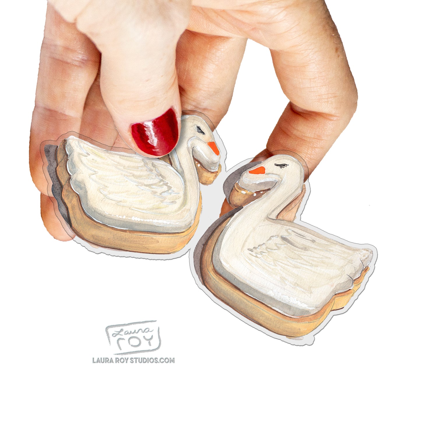 Watercolor Sticker: Swans Frosted Sugar Cookies - Transparent Vinyl, Waterproof, 3.5 inch