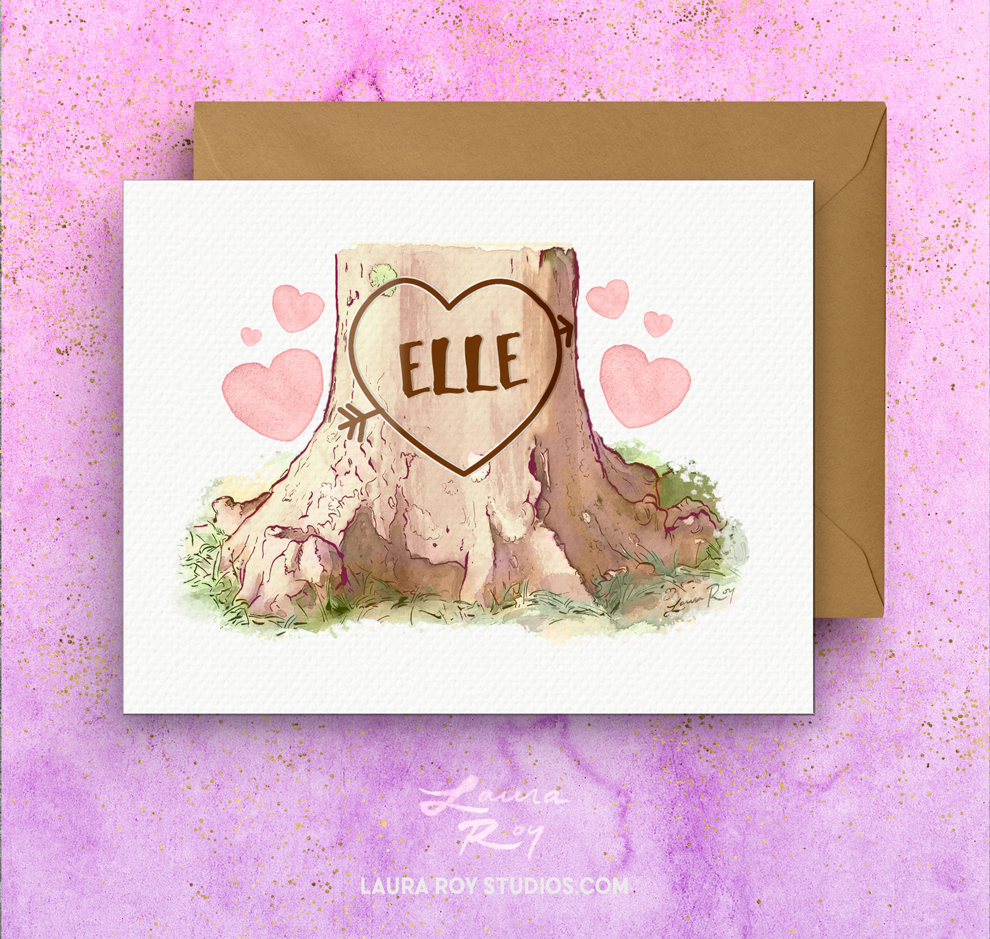 Personalized Heart Tree Trunk Card - Watercolor Artwork with Pink Hearts for Valentine's Day, Weddings, or Anniversaries (Single or Set)