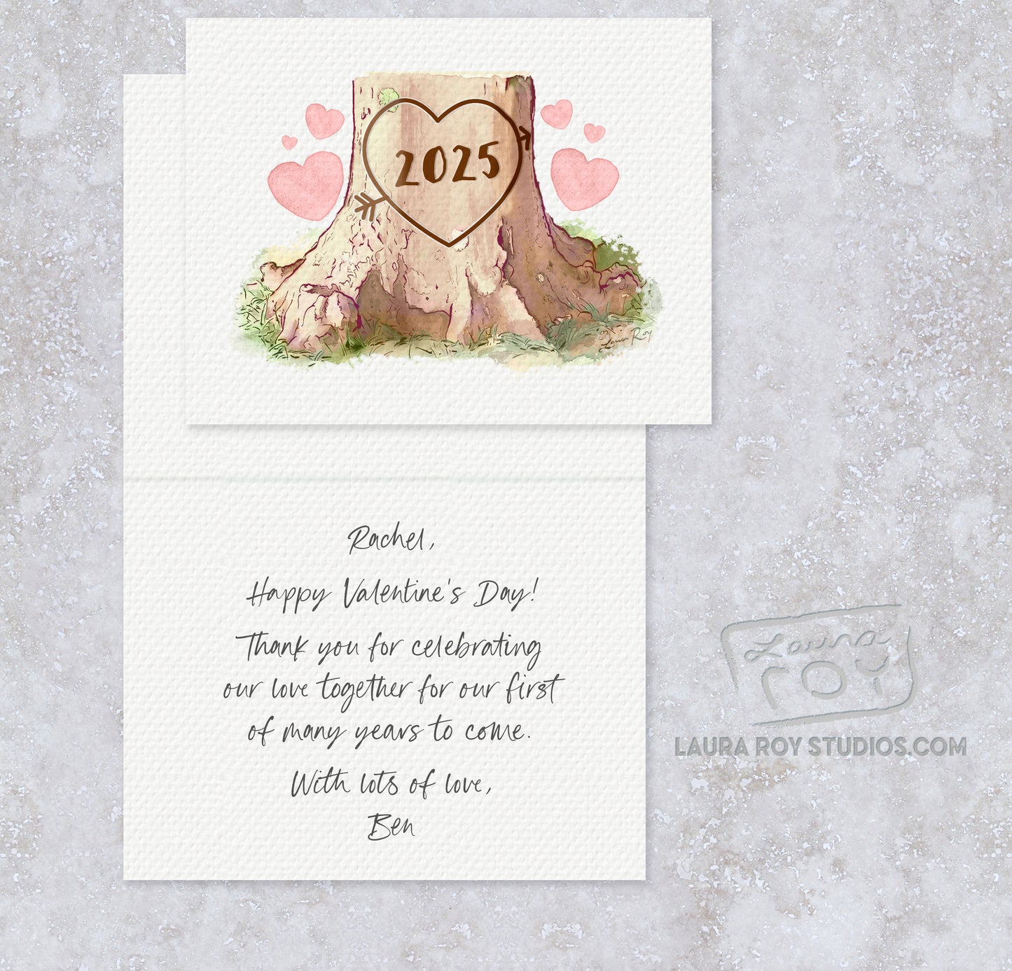 Personalized Heart Tree Trunk Card - Watercolor Artwork with Pink Hearts for Valentine's Day, Weddings, or Anniversaries (Single or Set)
