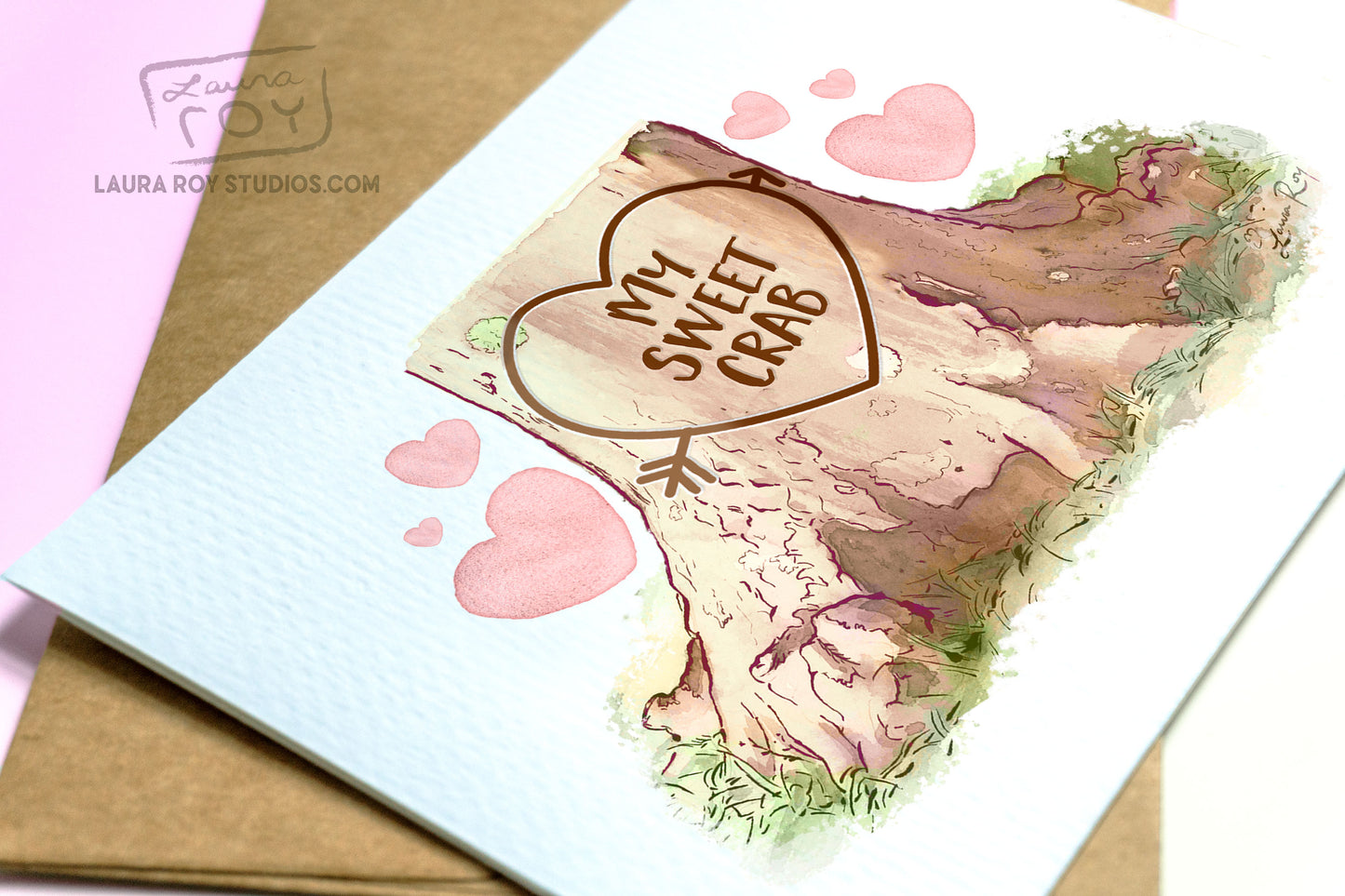 Personalized Heart Tree Trunk Card - Watercolor Artwork with Pink Hearts for Valentine's Day, Weddings, or Anniversaries (Single or Set)