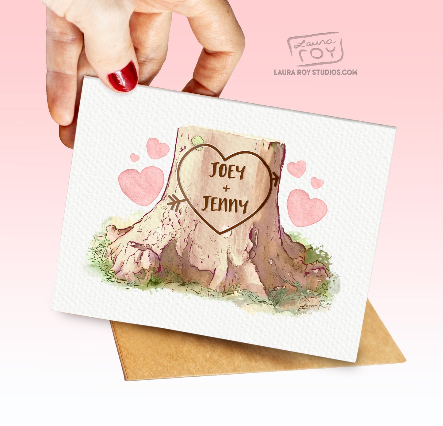 Personalized Heart Tree Trunk Card - Watercolor Artwork with Pink Hearts for Valentine's Day, Weddings, or Anniversaries (Single or Set)