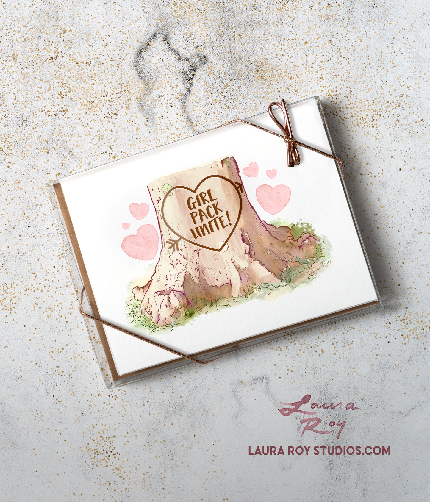 Personalized Heart Tree Trunk Card - Watercolor Artwork with Pink Hearts for Valentine's Day, Weddings, or Anniversaries (Single or Set)