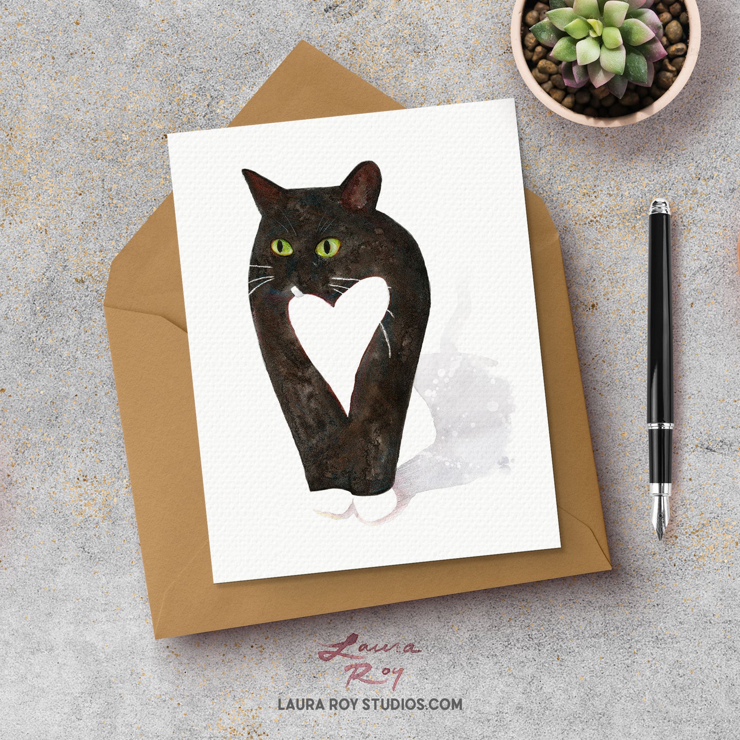 Personalized Cat with Heart Card - Whimsical Watercolor Tuxedo Cat for Valentine's, Anniversary, Birthday, or Pet Sympathy (Single or Set)
