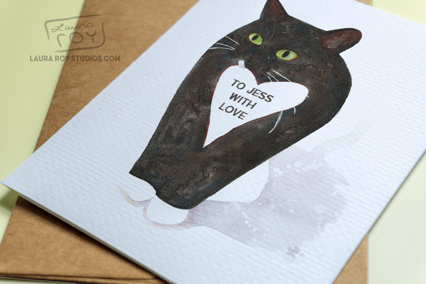 Personalized Cat with Heart Card - Whimsical Watercolor Tuxedo Cat for Valentine's, Anniversary, Birthday, or Pet Sympathy (Single or Set)