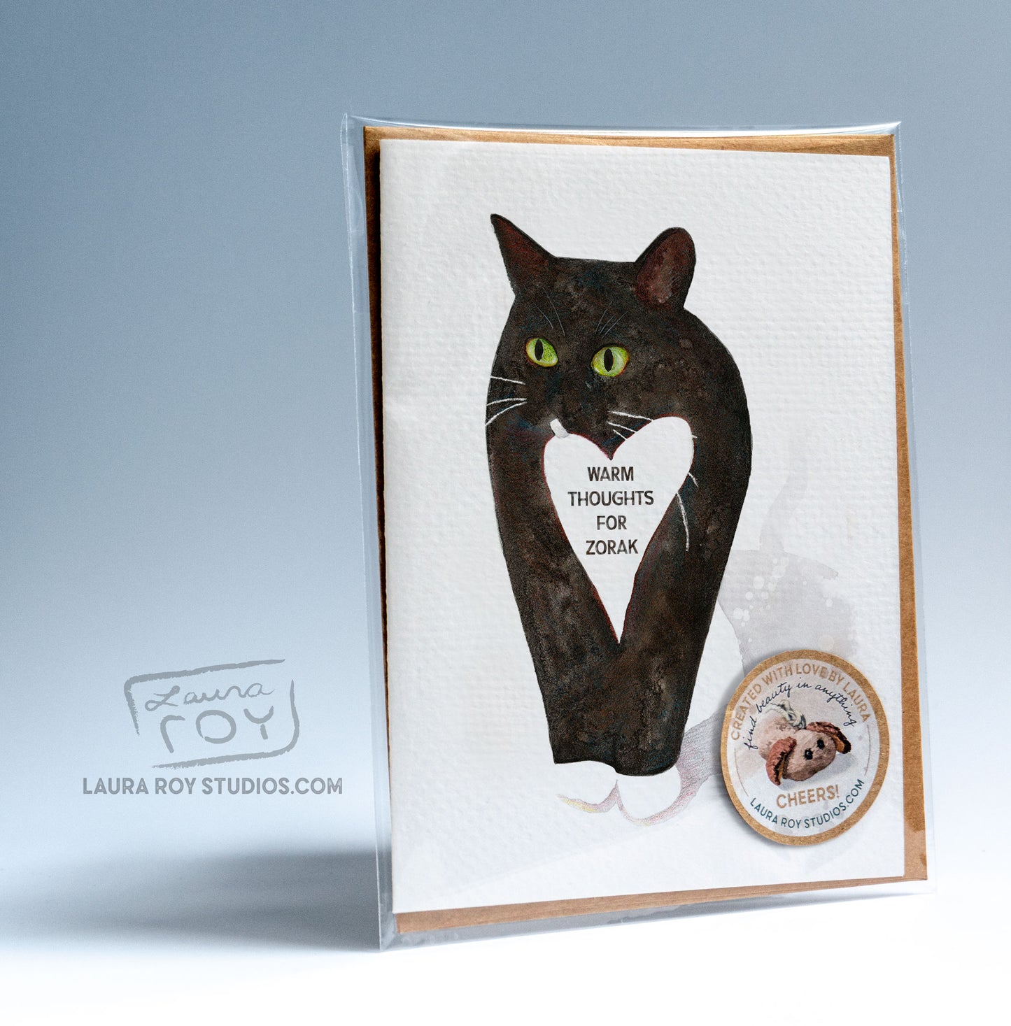 Personalized Cat with Heart Card - Whimsical Watercolor Tuxedo Cat for Valentine's, Anniversary, Birthday, or Pet Sympathy (Single or Set)
