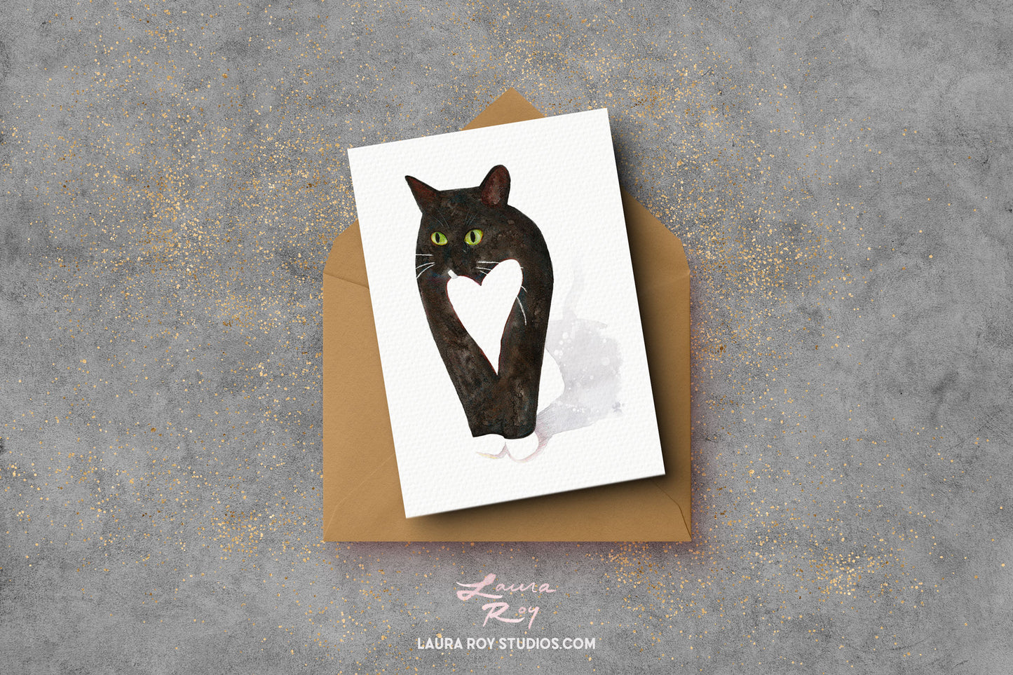 Personalized Cat with Heart Card - Whimsical Watercolor Tuxedo Cat for Valentine's, Anniversary, Birthday, or Pet Sympathy (Single or Set)