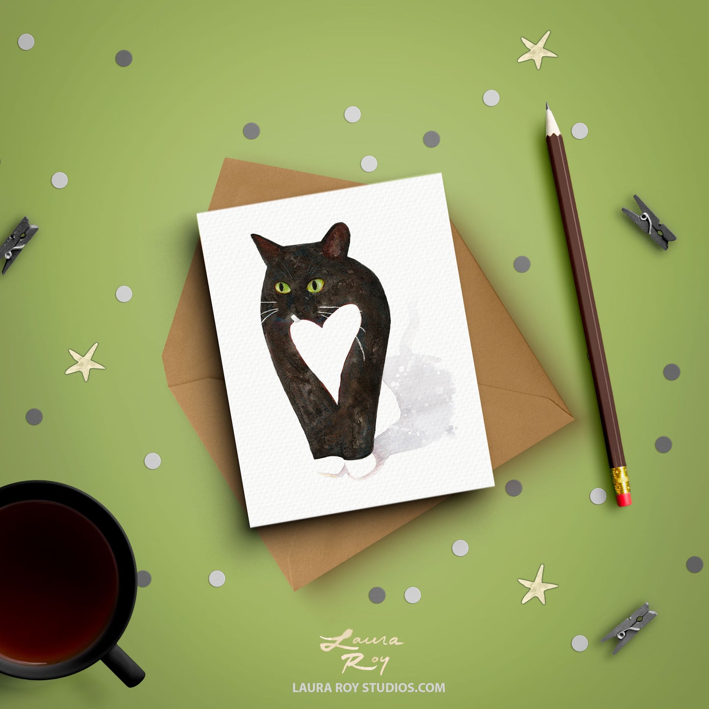 Personalized Cat with Heart Card - Whimsical Watercolor Tuxedo Cat for Valentine's, Anniversary, Birthday, or Pet Sympathy (Single or Set)